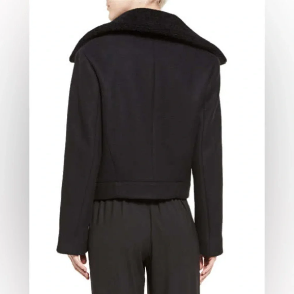 NWT $750 Vince Shearling Trimmed Fur Lined Wool Blend Moto Jacket in Black